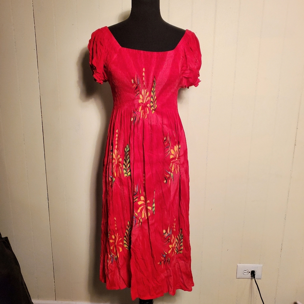 Tropical Batik Red Off/On Shoulder Floral Midi Sundress Muumuu S